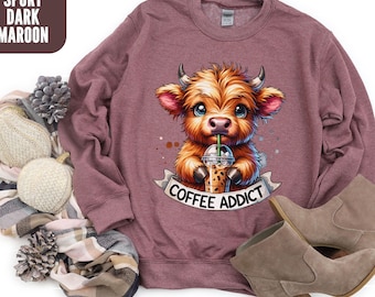 Cow Lovers Coffee Sweatshirt, Coffee Addict Sweater, Iced Latte Sweater, Highland Cow Coffee Sweater