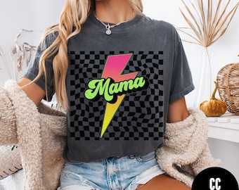 Neon Checkered Mama Shirt, Comfort Colors® Lightning Bolt Mama Tee. Groovy Mama Tee, Retro Mama Tee, Cool Mama Tshirt, Gift For Mama
