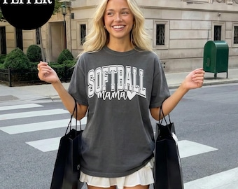 Softball Mama T-Shirt, Comfort Colors® Softball Mom Shirt, Game Day Softball Mom T-shirt, Gift For Mama, Varsity Font Softball Mama Heart