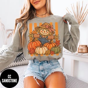 May include: A sage green long-sleeve sweatshirt featuring a graphic print of a scarecrow wearing a hat with a red plaid bow, dressed in blue overalls. The design includes orange pumpkins, a white pumpkin, a green pumpkin, and autumn leaves.