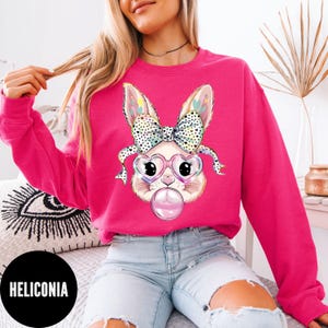 May include: A bright pink sweatshirt featuring a cartoon bunny face with heart-shaped glasses, a polka-dot bow, and a bubblegum bubble. The bunny has colorful accents on its ears. The word "HELICONIA" is printed on a black circle.
