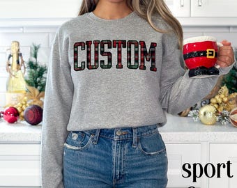 Custom Tartan Plaid Sweatshirt, Plaid Varsity Print Sweater, Personalized Christmas Sweatshirt