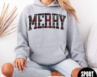 Plaid Merry Hoodie, Merry Christmas Hoodie, Tartan Plaid Merry Hoodie, Unisex Christmas Hoodie, Holiday Hoodie