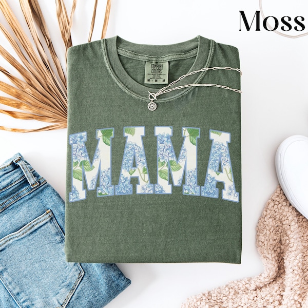 Custom Floral Mama Shirt, Comfort Colors® Hydrangea Blue Mama Shirt, Trendy Mama Shirt, Gift For Mom, Preppy Mama Tee, Mother's Birthday