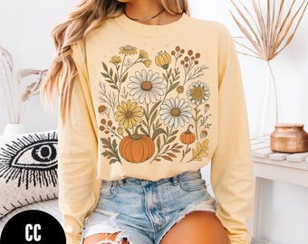 Women's Long Sleeve Floral Shirt, Comfort Colors® Aesthetic Fall Shirt, Fall Pumpkin Floral Long-sleeve Tee, Women's Fall Tee, Gift For Her