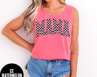 Checkered Mama Tank Top, Comfort Colors®,  Retro Mama Tank, Distressed Mama Tank, Racing Mama Tank, Varsity Mama Tank