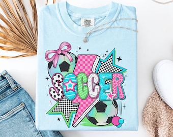 Soccer Game Day Shirt, Comfort Colors® Lightning Bolt Soccer Shirt, Checkered Soccer Tee, Soccer Player Tee, Soccer Mama Gift, Preppy Soccer