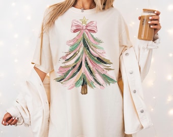 Coquette Christmas Tree T-Shirt, Comfort Colors® Faux Glitter Hand Painted Christmas Tree T-shirt, Trendy Christmas Shirt for Her