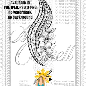 May include: Black and white tattoo design featuring a stylized feather and plumeria flowers. The design includes intricate patterns and the text "Available in PDF, JPEG, PSD, & PNG no watermark, no background". The design is by AlohaCrishell.