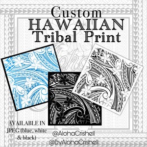 Pode incluir: Um download digital de um design de estampa tribal havaiana em três variações de cores: azul e branco, preto e branco e preto. O design apresenta padrões intrincados e elementos florais.