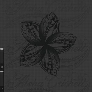 Op de afbeelding: Een zwart-witte illustratie van een gestileerde bloem met geometrische patronen. De bloem is getekend op een grijze achtergrond met een rasterpatroon.