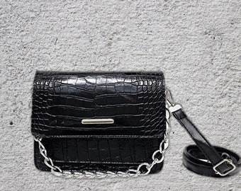 Torebka z łańcuszkiem w stylu bagietki ze wzorem krokodyla | Czarny Czarny wzór krokodyla, modna torba na ramię, klasyczna czarna torba, stylowa torebka typu crossbody