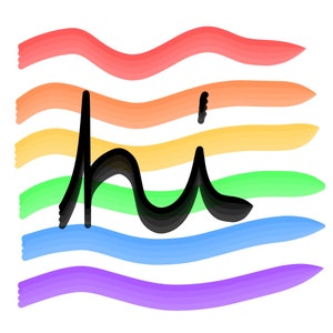 May include: A rainbow-colored background with the word "hi" written in black in the center.
