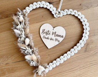 Regalo del Día de la Madre Mejor mamá Día de la Madre Puerta Corona Corazón con percha de madera Regalo del Día de la Madre Flores secas Macrame Idea de regalo personalizada