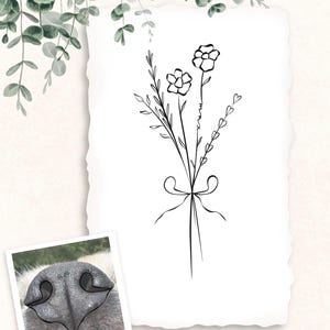 Op de afbeelding: Een zwart-witte lijntekening van een klein boeket bloemen vastgebonden met een lint, met twee eenvoudige bloemen en bladerige stengels. Eén stengel bevat de handgeschreven naam Max. Een kleine vierkante foto van een hondenneus staat linksonder.