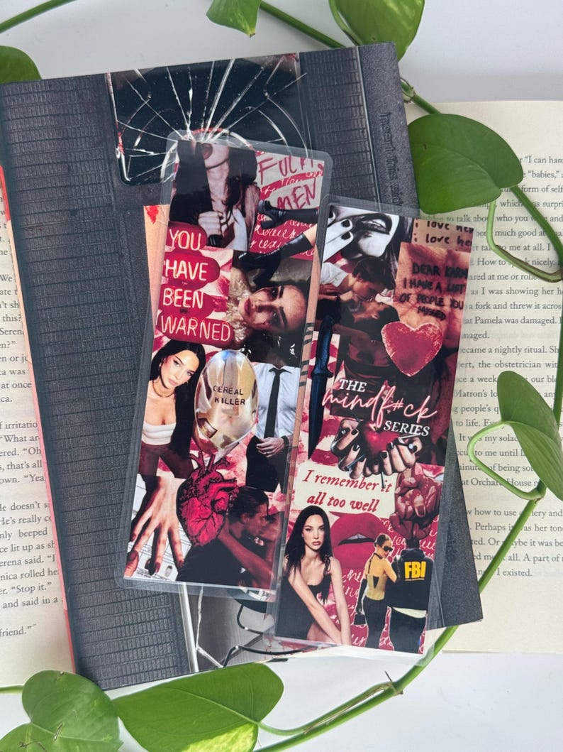 May include: Three aesthetic bookmarks with collage designs. One bookmark reads "You Have Been Warned" in red text. Another says "The Mindf*ck Series" and "I remember it all too well". The third bookmark has the text "FUL MEN".
