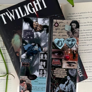 May include: A set of Twilight-themed bookmarks with collaged images of characters and scenes from the book series. The bookmarks include quotes, heart-shaped lockets, and the book's title. The set is displayed with an open book.