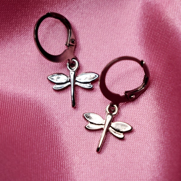 Dragonfly Hoop Earrings - Handmade Jewelry - Stainless Steel, Silver Color - Small Huggie Hoop Earrings w/ Dragonfly Charms
