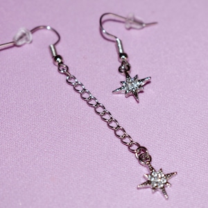 Sparkle Drop Earrings - Handmade Jewelry - Stainless Steel, Silver Color - Dangling Chain Earrings w/ Rhinestone Star Charms