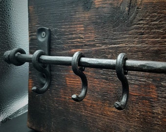 Handcrafted Blacksmith Forged Iron Pan Rack with Adjustable Sliding Hooks, Black, 100% handmade