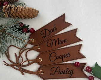 Christmas stocking name tags, leather name tags