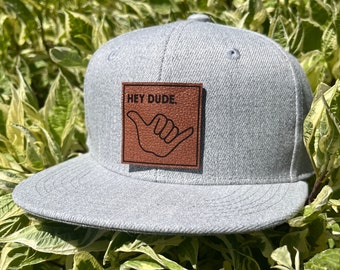 Hey dude toddler, infant hat, snapback, leather patch, shaka