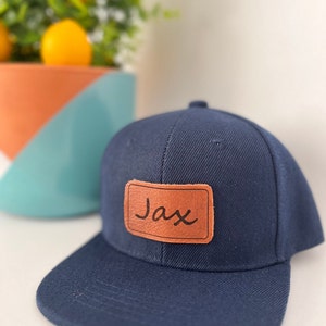 Custom name hat, initial hat, leather patch, engraved, toddler hat, infant hat, adult snapback image 2