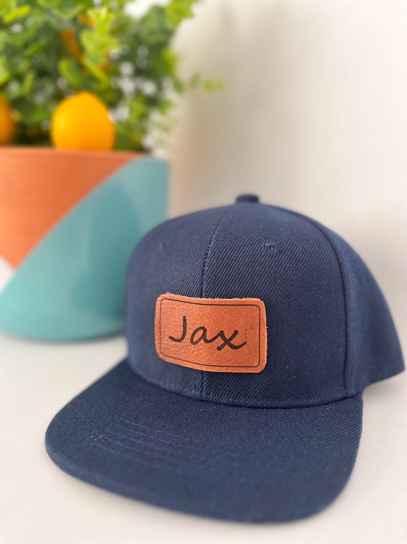 Custom name hat, initial hat, leather patch, engraved, toddler hat, infant hat, adult snapback image 2