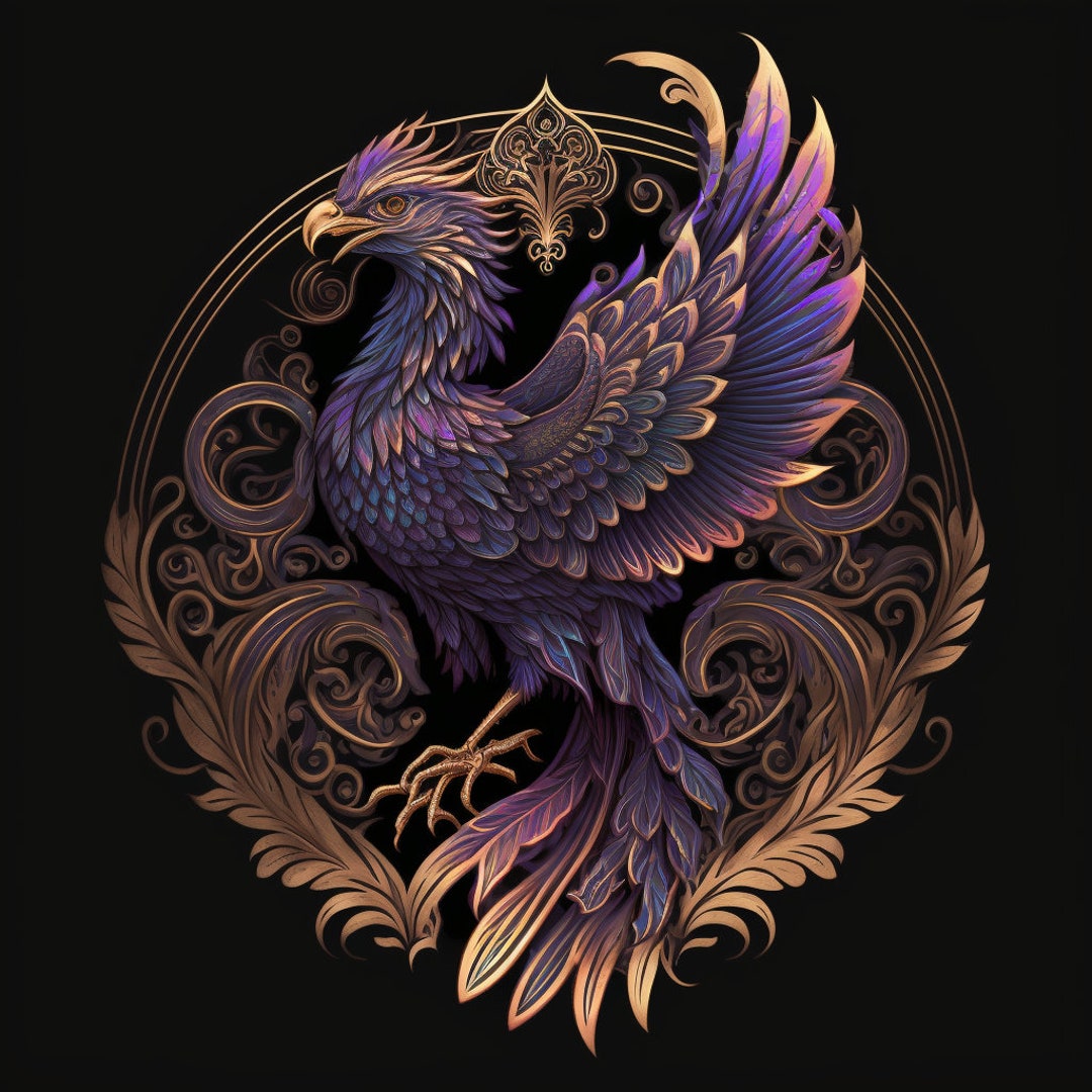 Regal Purple Phoenix With Intricate Gold Trim Fantasy Wall Art Etsy