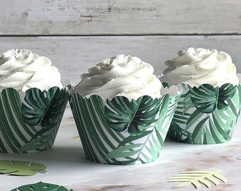 JUNGLE LEAVES SAFARI Cupcake Wrappers Scalloped Edge Smooth Finish Wild Animal Monstera Tropical Shower Wild One