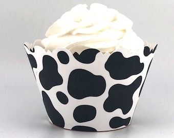 Cow Print Cupcake Wrappers, Scalloped Edge, Black and White Animal Print, Farm Party Decor, Muffin Wraps, Dessert Favors, Bakery Supplies