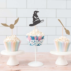 WIZARD Glitter Cupcake Toppers - Set of 12 / Party Theme Hat, Broomstick / Cake Topper / Magical Magician / Donut topper