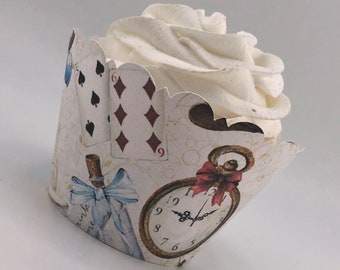 ALICE IN WONDERLAND / Mad Tea Party / Cupcake Wrappers Scalloped Edge Smooth Finish / Cheshire Cat / Blue or White Background