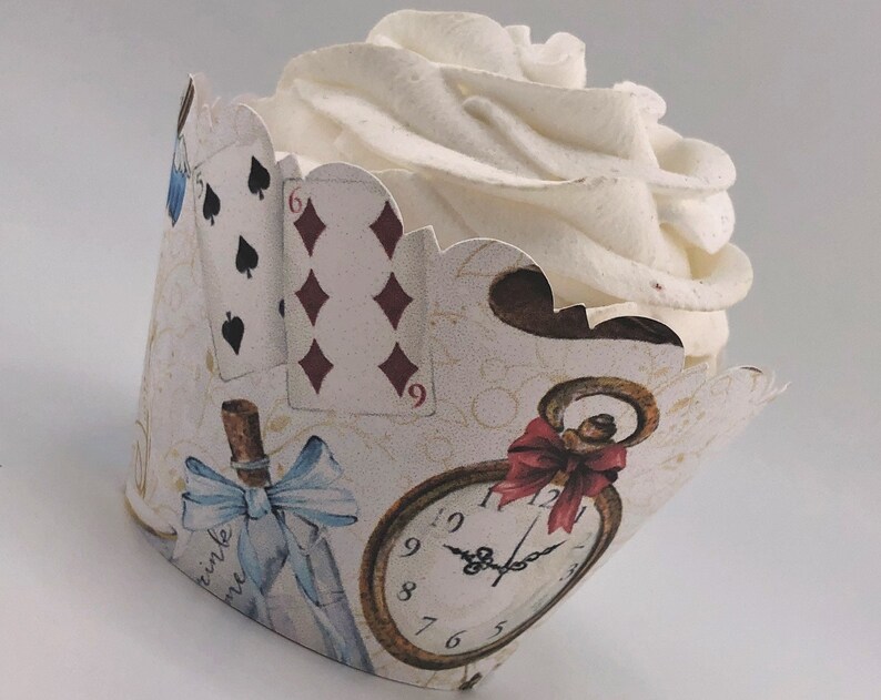 ALICE IN WONDERLAND Mad Tea Party Cupcake Wrappers Scalloped Edge Smooth Finish Cheshire Cat Blue or White Background