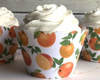 Little CUTIE Baby Shower Cupcake Wrappers – Orange Citrus Scalloped Edge Party Supplies for A Little Cutie is on the Way