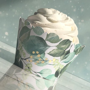 Eucalyptus Cupcake Wrappers - Sage Green with Gold Foil Accents, Scalloped Edges for Fall Wedding & Shower Decor, Greenery Party Decor