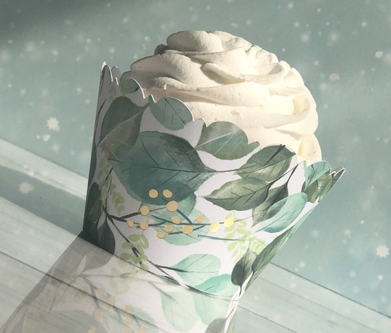Eucalyptus Cupcake Wrappers - Sage Green with Gold Foil Accents, Scalloped Edges for Fall Wedding & Shower Decor, Greenery Party Decor