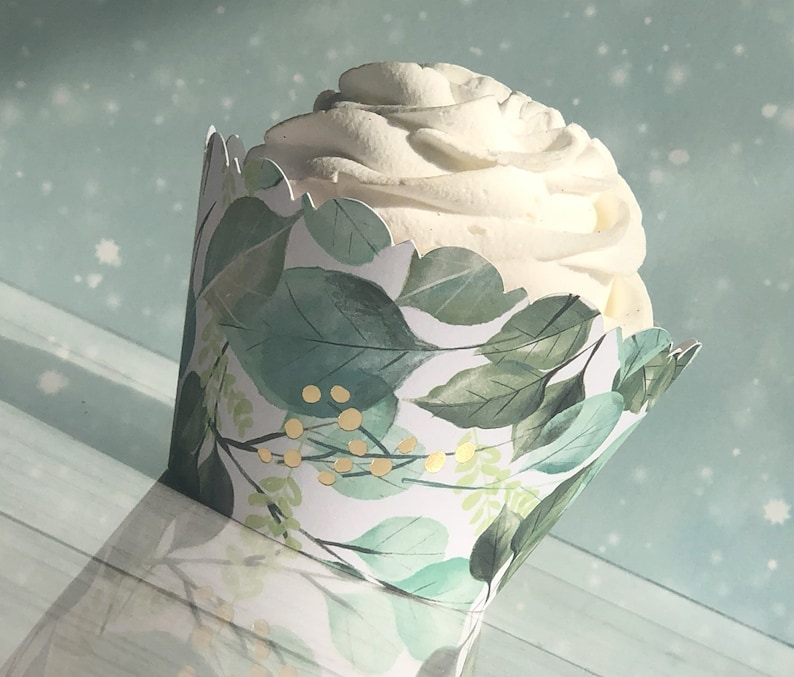 Fancy scalloped cupcake wrapper. Green sage eucalyptus leaves accented with gold foil berries. Dress up your cupcakes. Perfect for wedding or bridal showers, a tea party or just to dress up your event.