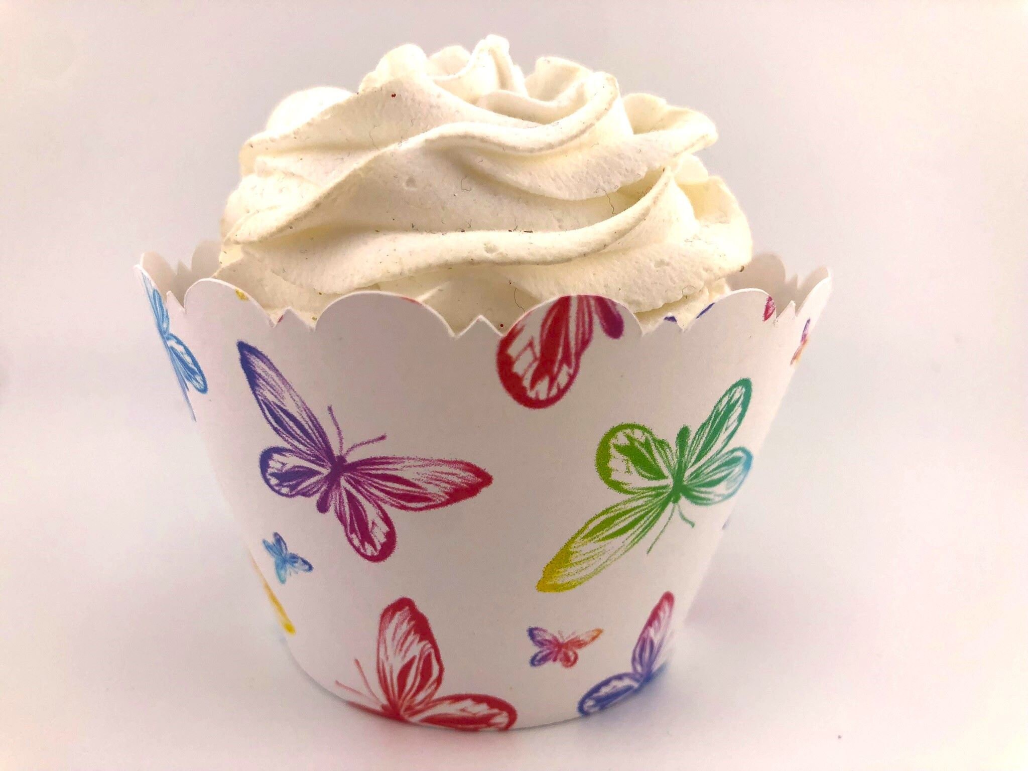 BUTTERFLIES Cupcake Wrappers Scalloped Edge Smooth Finish Multicolor Rainbow Baby Shower Party Theme