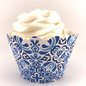 MEDITERRANEAN BLUE Tile Cupcake Wrappers Scalloped Edge Smooth Finish Bridal Shower Talavera Mexican Italian