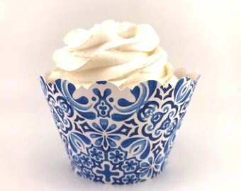 MEDITERRANEAN BLUE Tile Cupcake Wrappers Scalloped Edge Smooth Finish Bridal Shower Talavera Mexican Italian