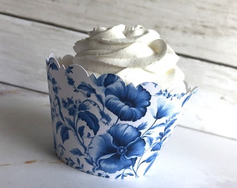 CHINOISERIE Blue White Floral China Blue Willow Wrappers, Bridal shower, Positano Amalfi Coast Cupcake Wrappers, Vintage Blue, Porcelain