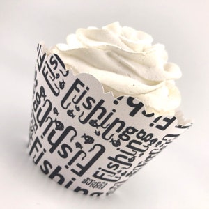 GONE FISHING RETIREMENT Cupcake Wrappers Scalloped Edge Smooth Finish / Camping / Farewell / Going Away