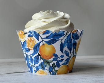 Azulejo Lemons Cupcake Wrappers - Amalfi Coast Scalloped Edge for Bridal Shower, Italian Smooth Finish Decor