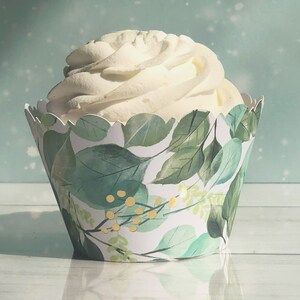 Fancy scalloped cupcake wrapper. Green sage eucalyptus leaves accented with gold foil berries. Dress up your cupcakes. Perfect for wedding or bridal showers, a tea party or just to dress up your event.