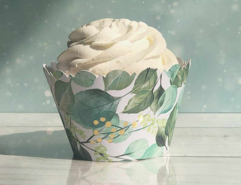 Fancy scalloped cupcake wrapper. Green sage eucalyptus leaves accented with gold foil berries. Dress up your cupcakes. Perfect for wedding or bridal showers, a tea party or just to dress up your event.
