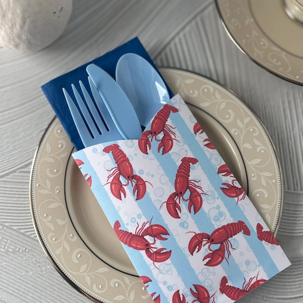 Lobster Napkins Cutlery Holder Set of 10 - She Found Her Lobster New England Boil Napkin, Sleeve, Fork, Knife, Spoon Bridal Shower Picnic