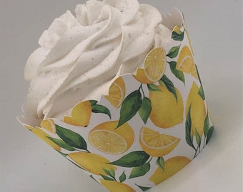 MAIN SQUEEZE Lemon Citrus Cupcake Wrappers Scalloped Edge Smooth Finish Baby Shower Mediterranean Main Squeeze Party Theme