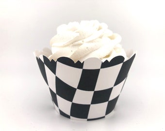WAVY CHECKERED FLAG Print Cupcake Wrappers / Scalloped Edge Smooth Finish / 1st Birthday / Cars  Alice in Wonderland