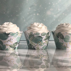 Fancy scalloped cupcake wrapper. Green sage eucalyptus leaves accented with gold foil berries. Dress up your cupcakes. Perfect for wedding or bridal showers, a tea party or just to dress up your event.